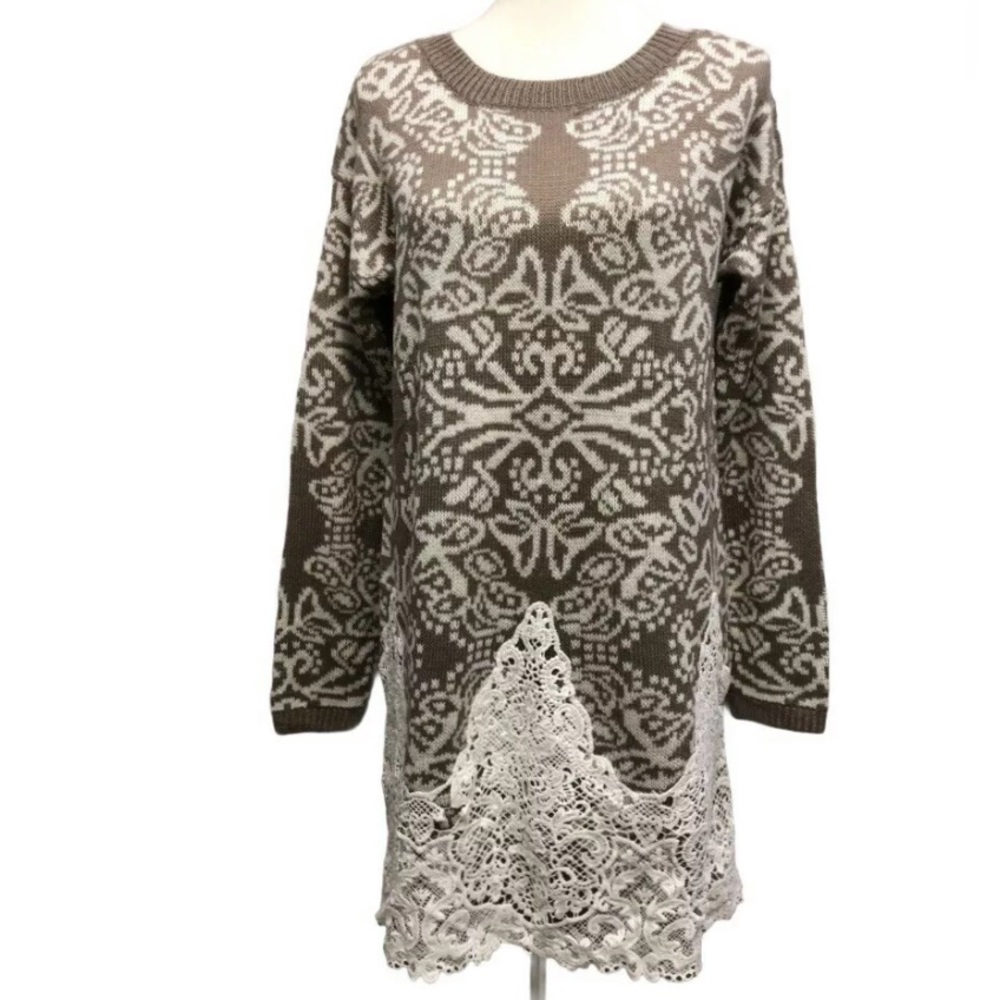 Entro Tunic Length Tight Knit Sweater with Lace